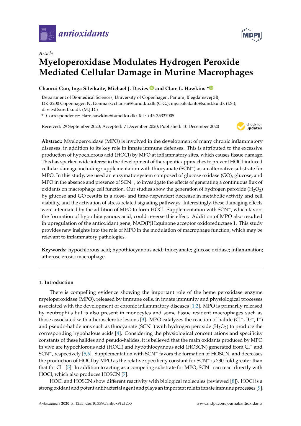 Myeloperoxidase Modulates Hydrogen Peroxide Mediated Cellular Damage in Murine Macrophages