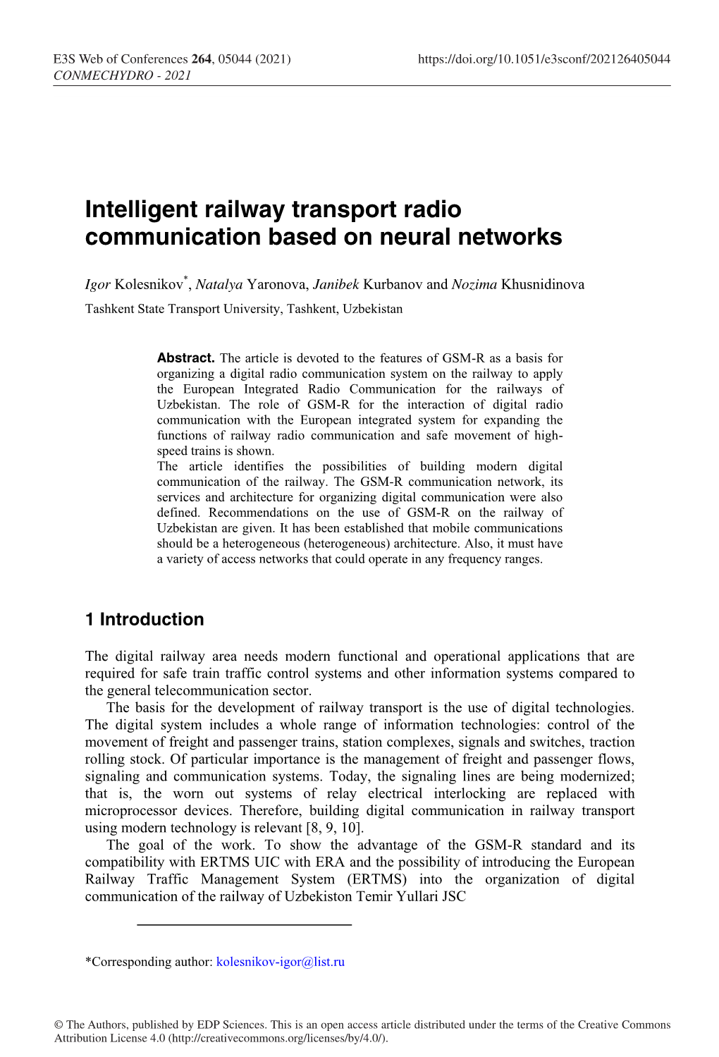 Intelligent Railway Transport Radio Communication Based on Neural Networks