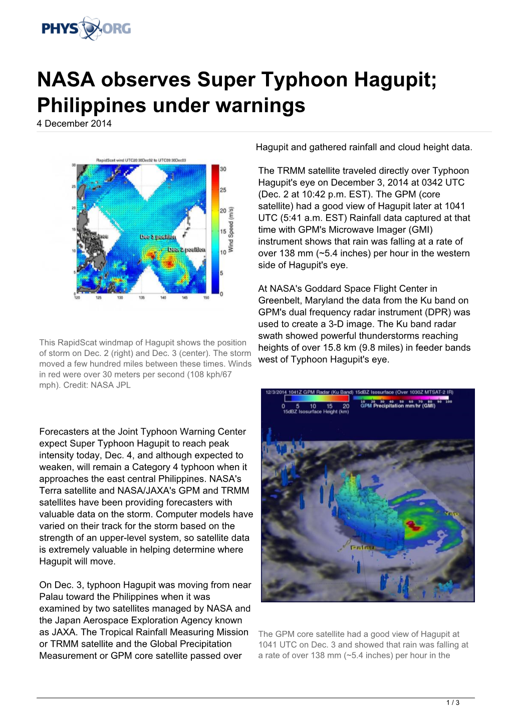 NASA Observes Super Typhoon Hagupit; Philippines Under Warnings 4 December 2014