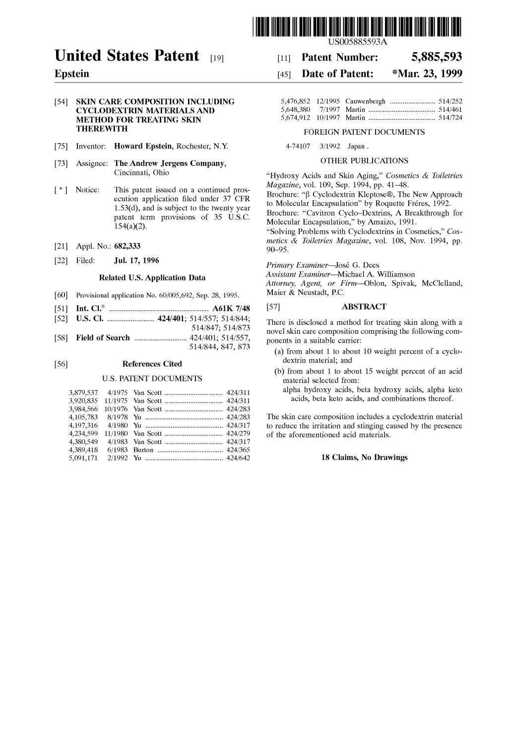 United States Patent (19) 11 Patent Number: 5,885,593 Epstein (45) Date of Patent: *Mar 23, 1999