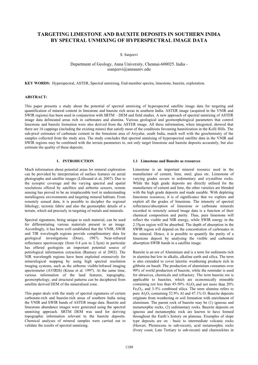 Targeting Limestone and Bauxite Deposits in Southern India by Spectral Unmixing of Hyperspectral Image Data