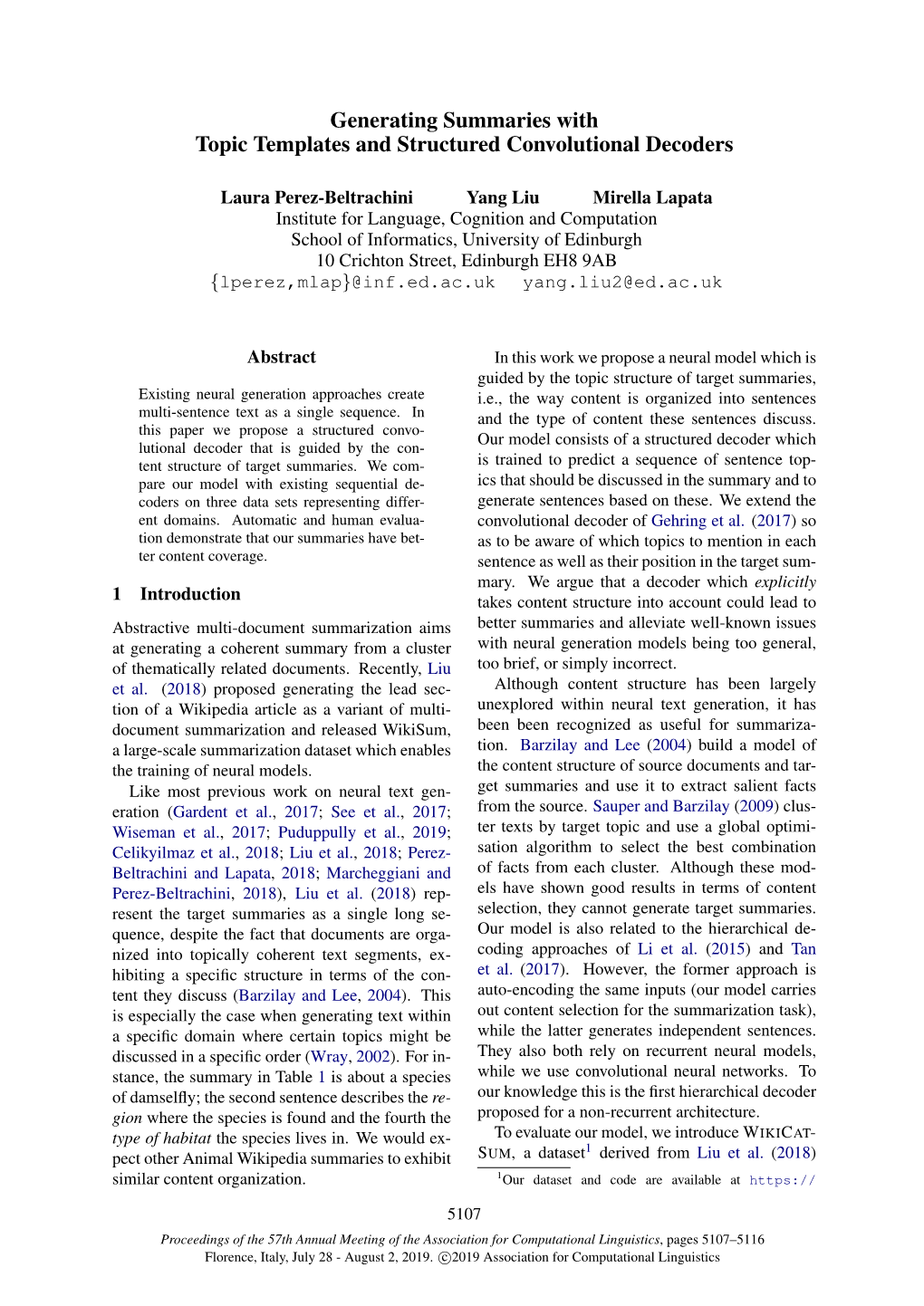 Generating Summaries with Topic Templates and Structured Convolutional Decoders