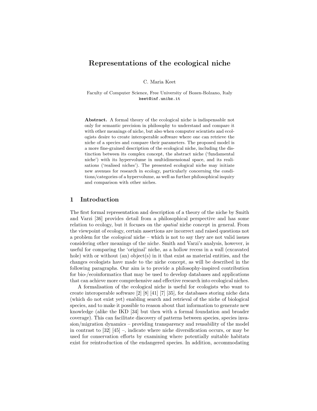 Representations of the Ecological Niche