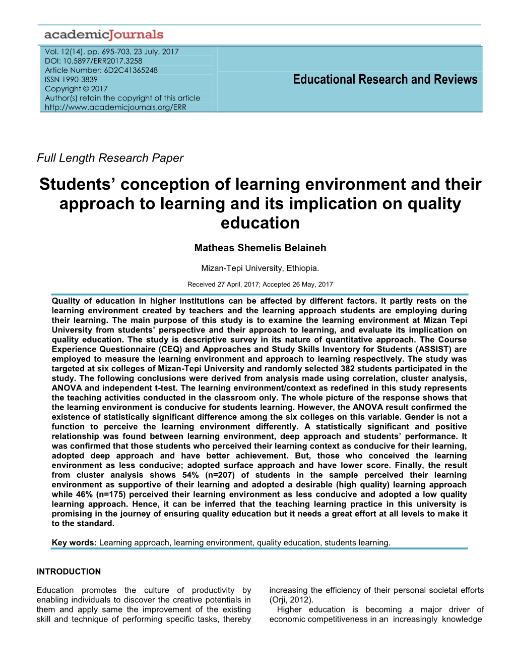 Students' Conception of Learning Environment and Their Approach To