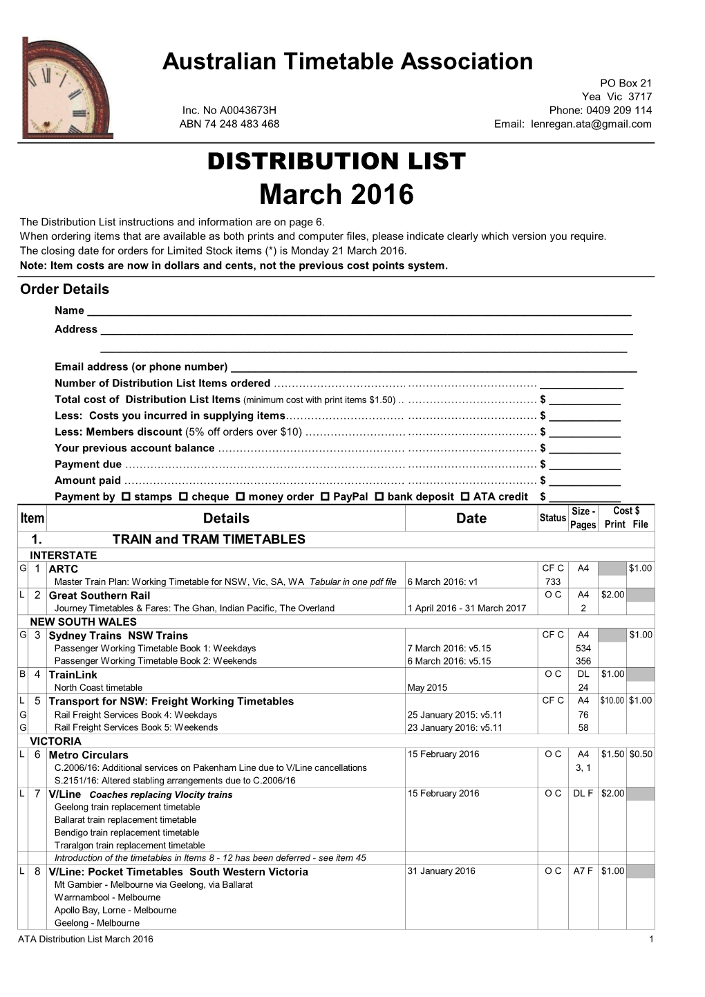 March 2016 the Distribution List Instructions and Information Are on Page 6