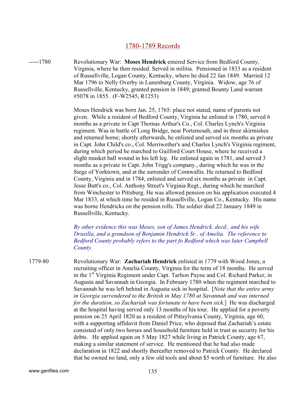 1780 Hendrick Chronology