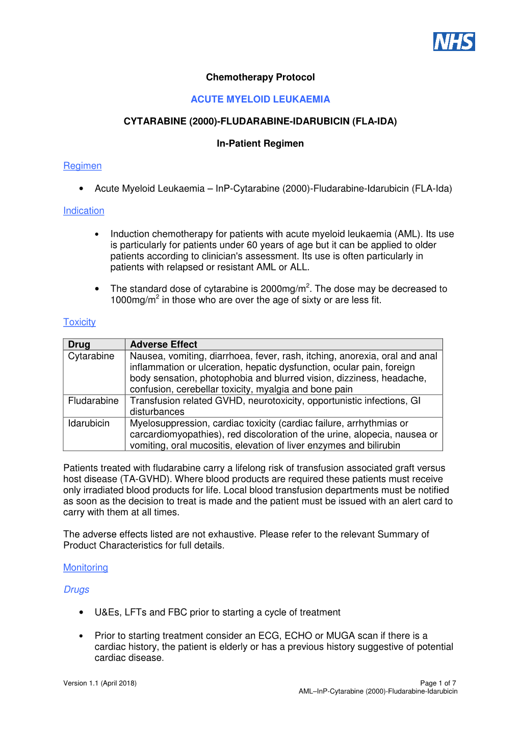 FLUDARABINE-IDARUBICIN (FLA-IDA) In-Patient Regimen