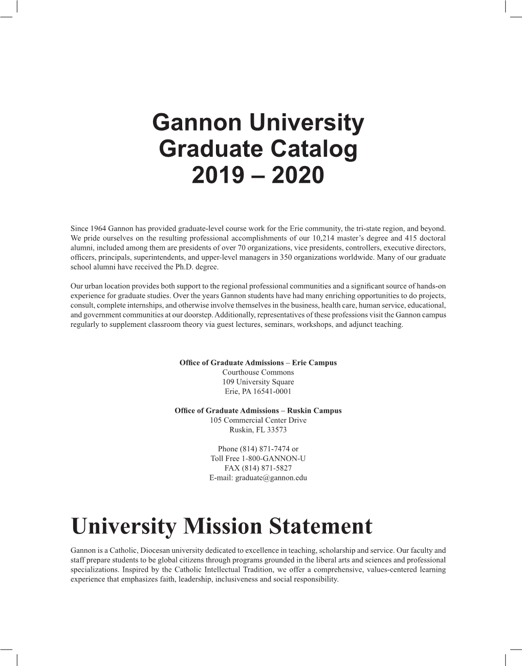 Gannon University Graduate Catalog 2019 – 2020