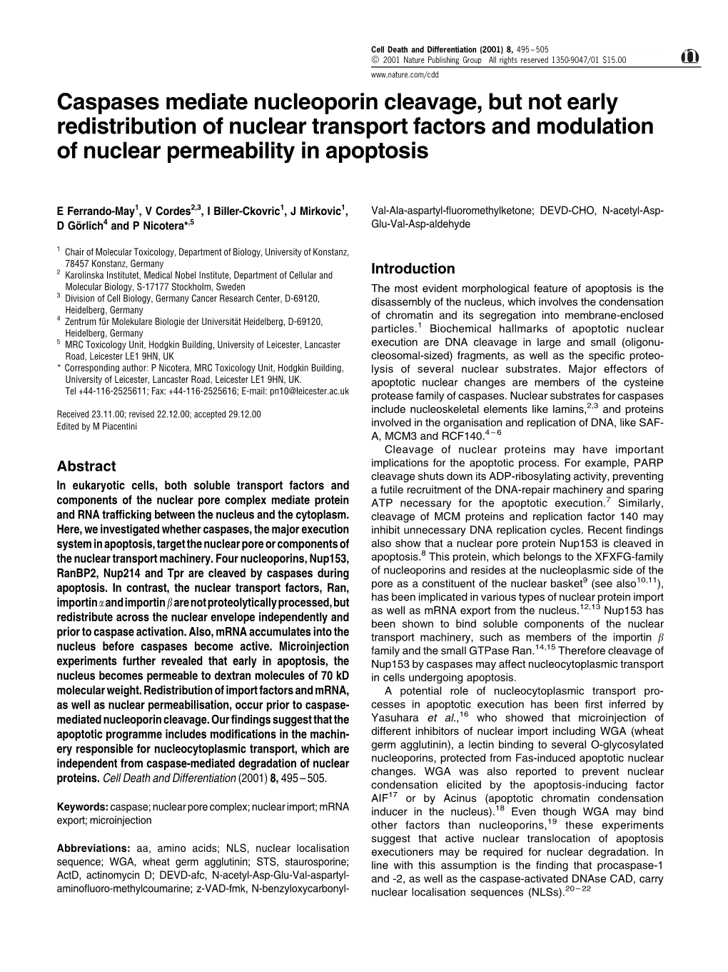 Caspases Mediate Nucleoporin Cleavage, but Not Early Redistribution of Nuclear Transport Factors and Modulation of Nuclear Permeability in Apoptosis