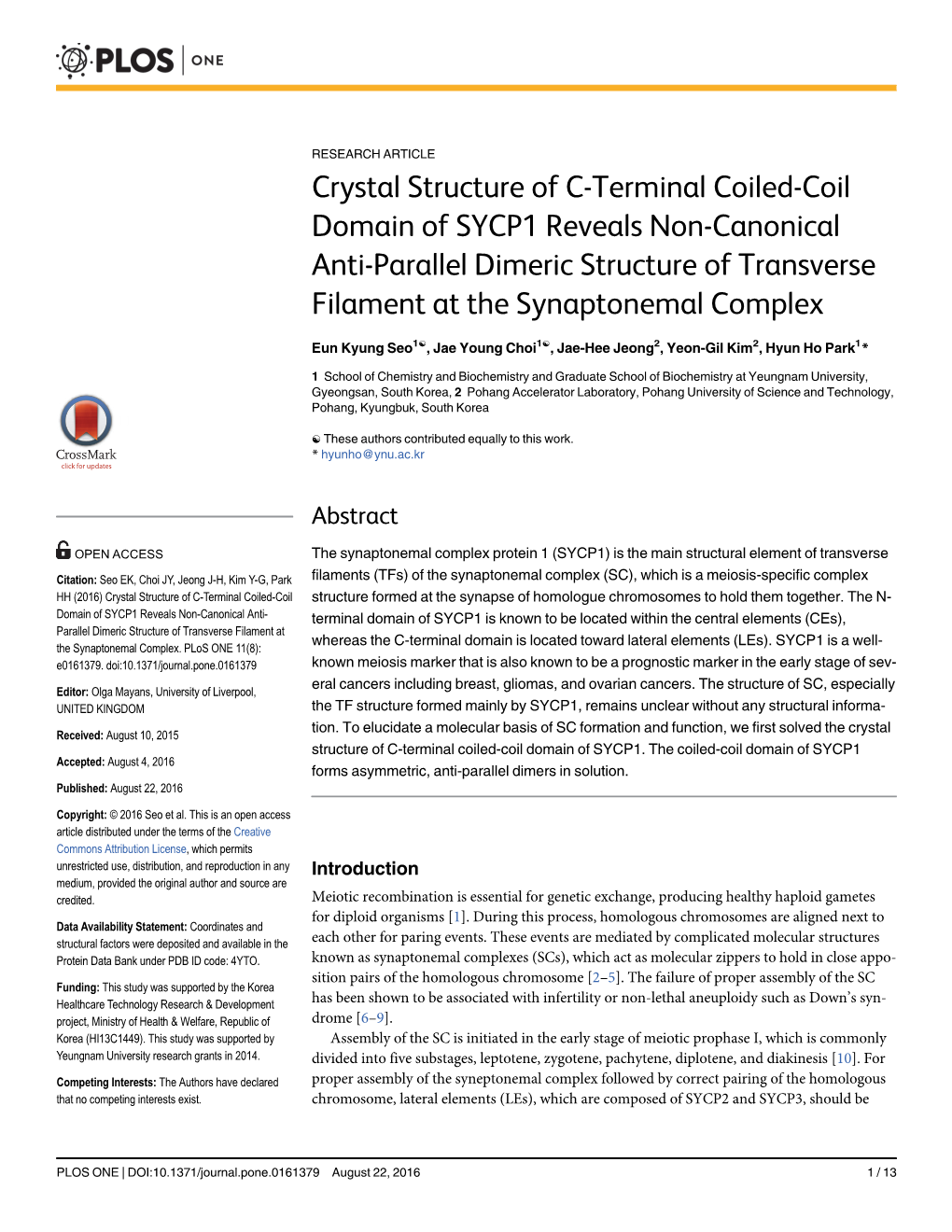 Crystal Structure of C-Terminal Coiled-Coil Domain of SYCP1 Reveals Non-Canonical Anti-Parallel Dimeric Structure of Transverse Filament at the Synaptonemal Complex