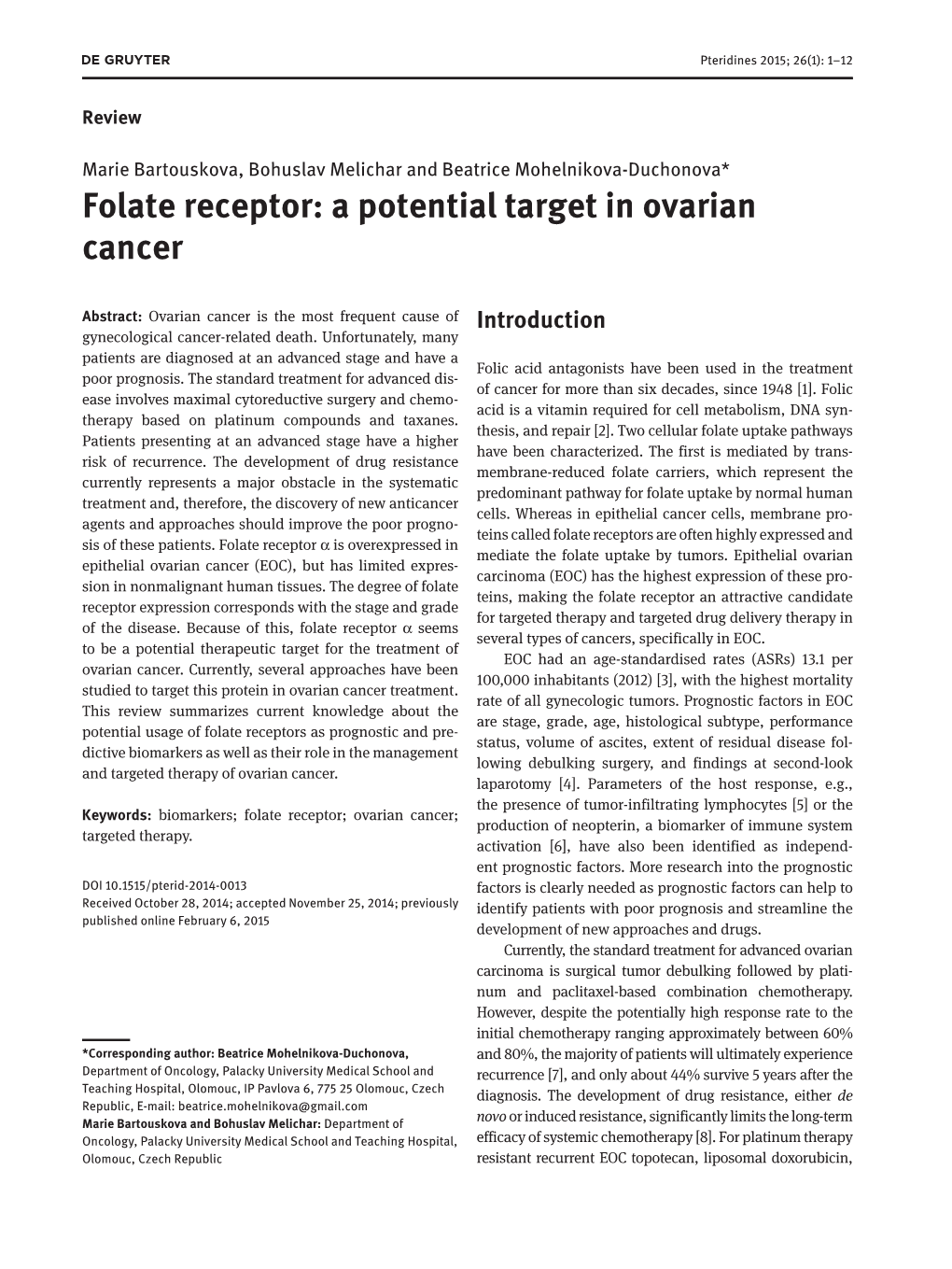 Folate Receptor: a Potential Target in Ovarian Cancer