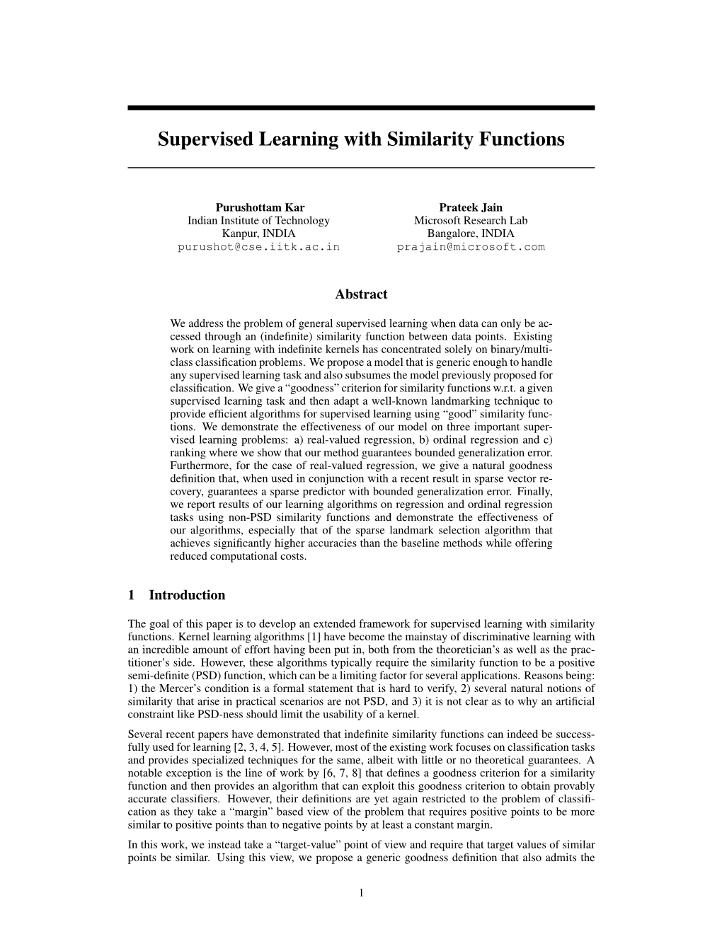 Supervised Learning with Similarity Functions