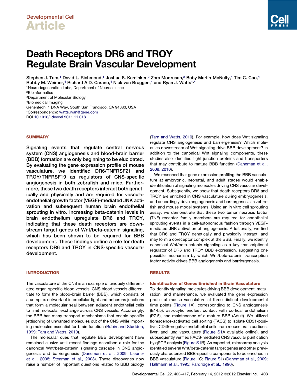 Death Receptors DR6 and TROY Regulate Brain Vascular Development