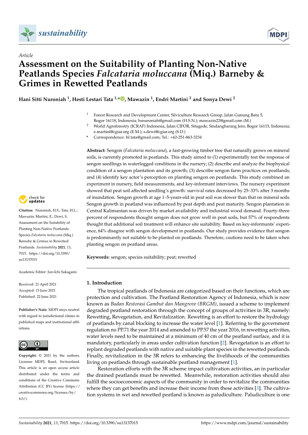 Assessment on the Suitability of Planting Non-Native Peatlands Species Falcataria Moluccana (Miq.) Barneby & Grimes in Rewetted Peatlands