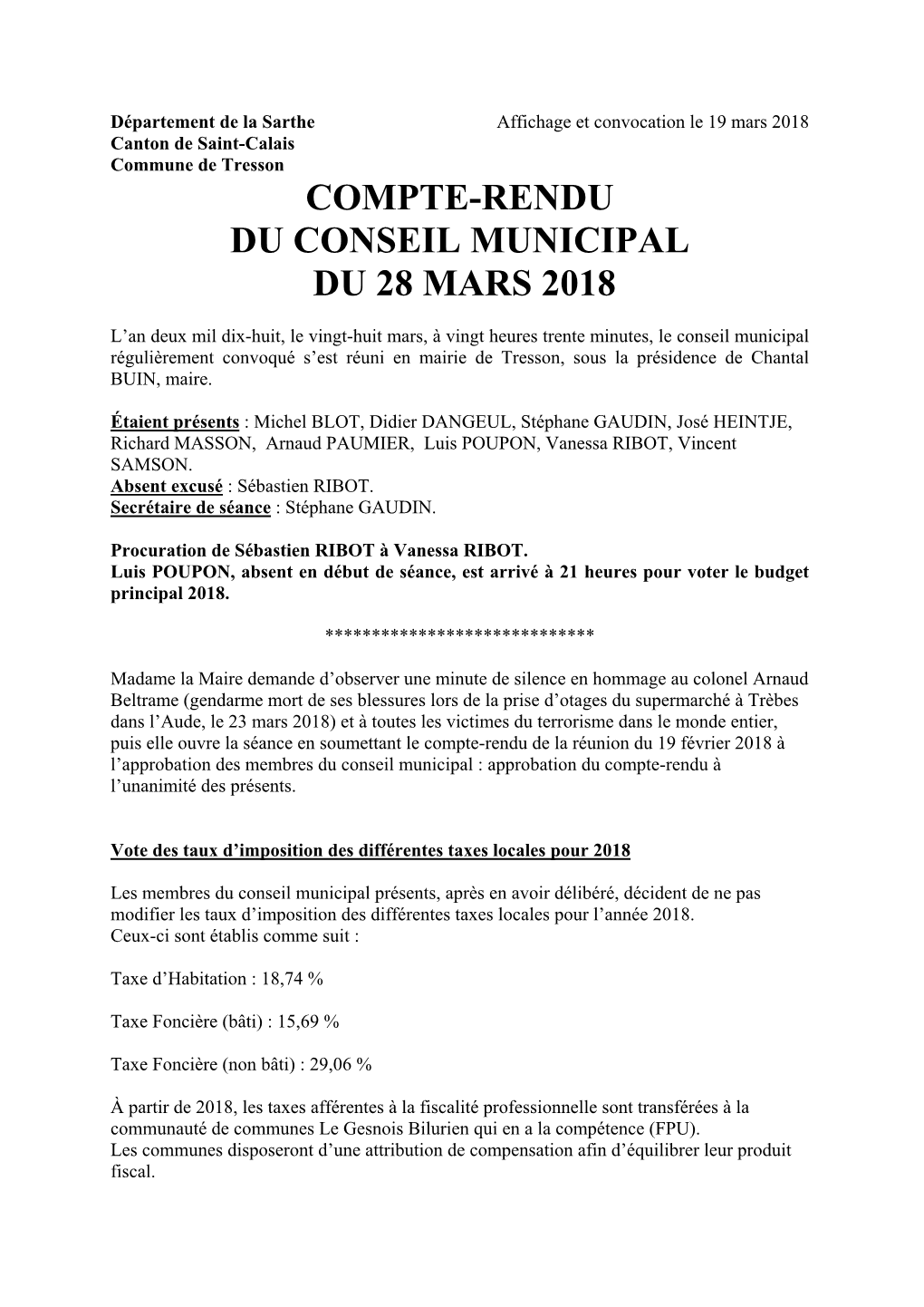 Compte-Rendu Du Conseil Municipal Du 28 Mars 2018