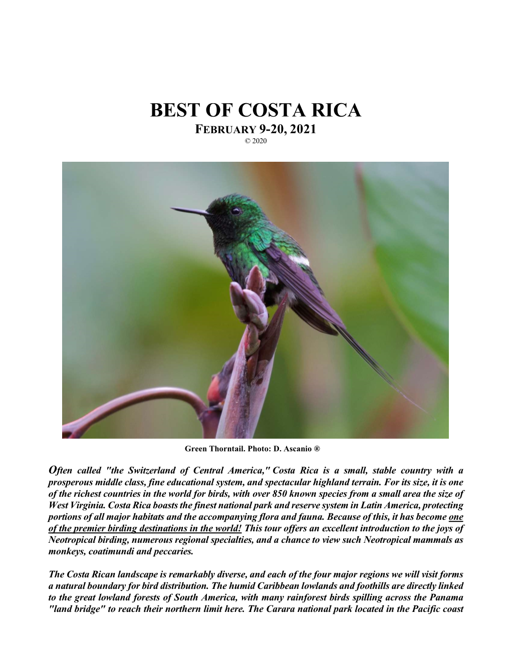 Best of Costa Rica February 9-20, 2021 © 2020