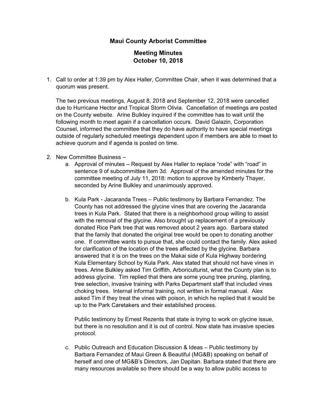 Maui County Arborist Committee Meeting Minutes October 10, 2018