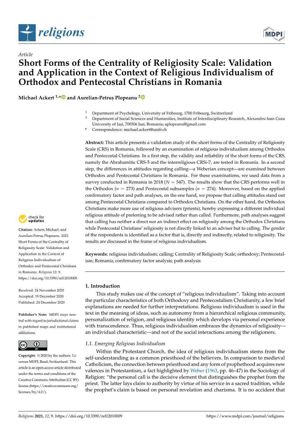 Short Forms of the Centrality of Religiosity Scale: Validation and Application in the Context of Religious Individualism of Orth