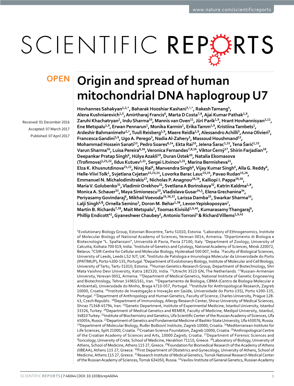 Origin and Spread of Human Mitochondrial DNA Haplogroup U7