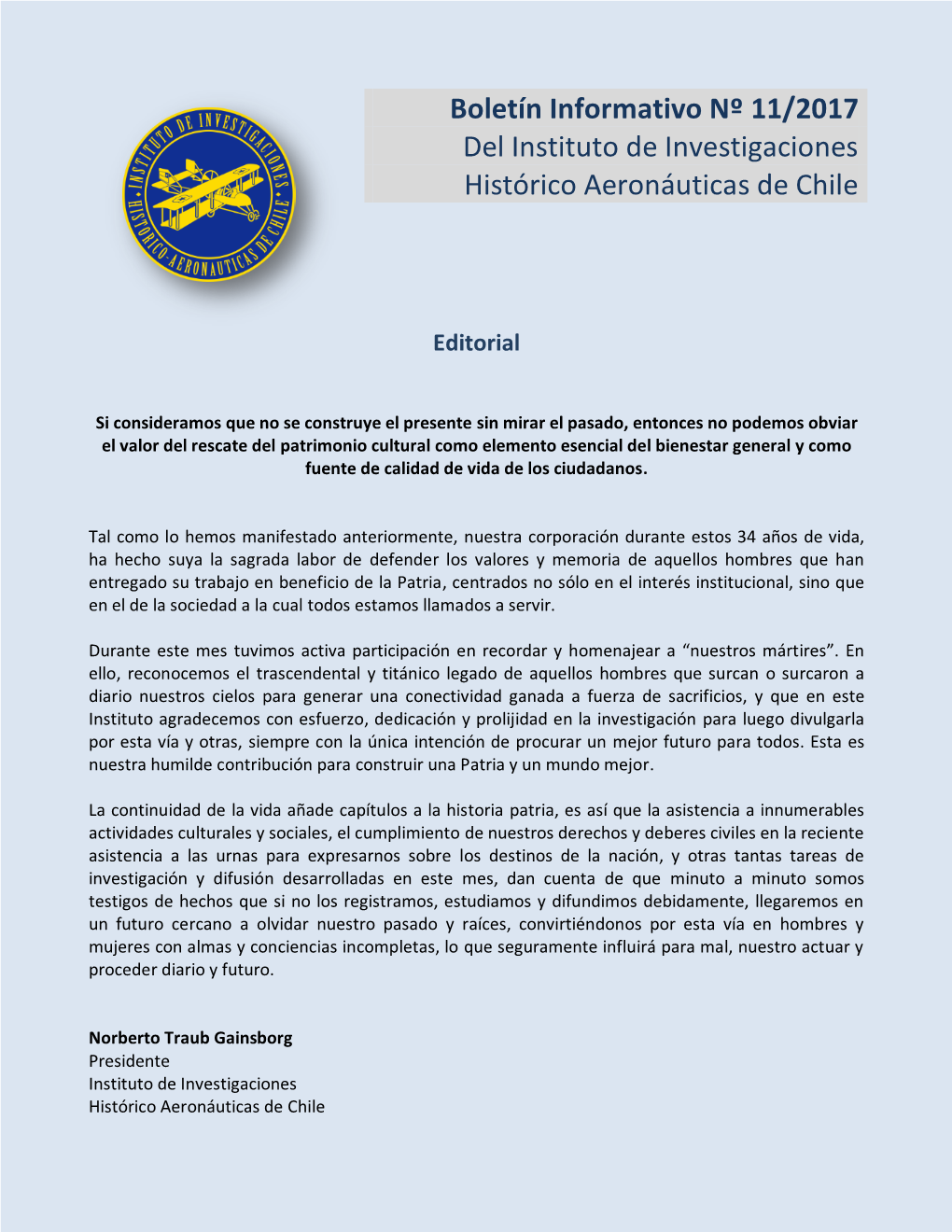 Boletín Informativo Nº 11/2017 Del Instituto De Investigaciones Histórico Aeronáuticas De Chile