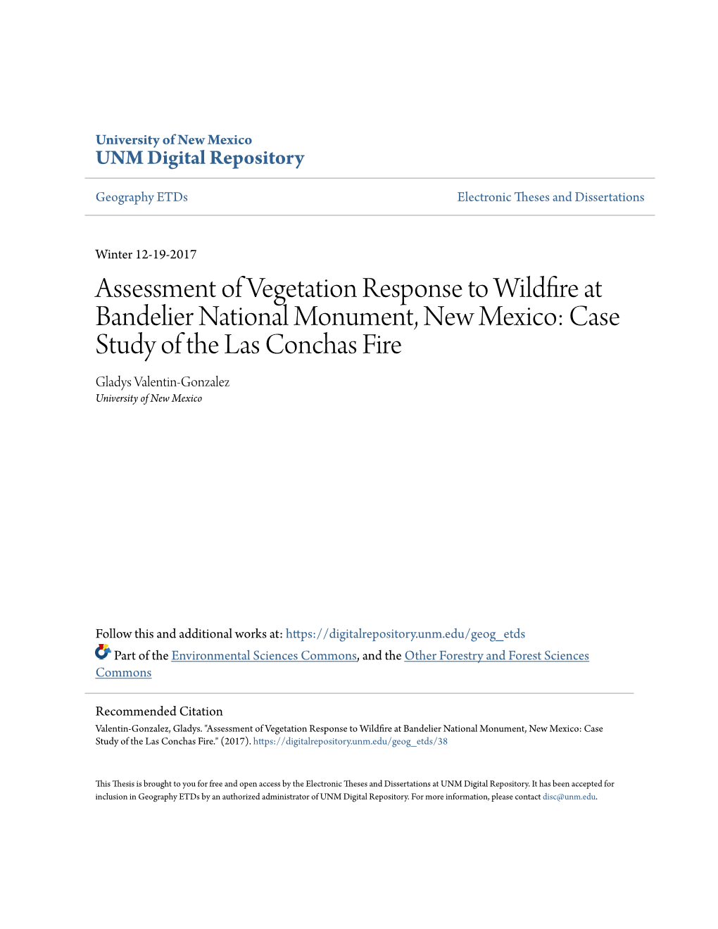 Assessment of Vegetation Response to Wildfire at Bandelier National