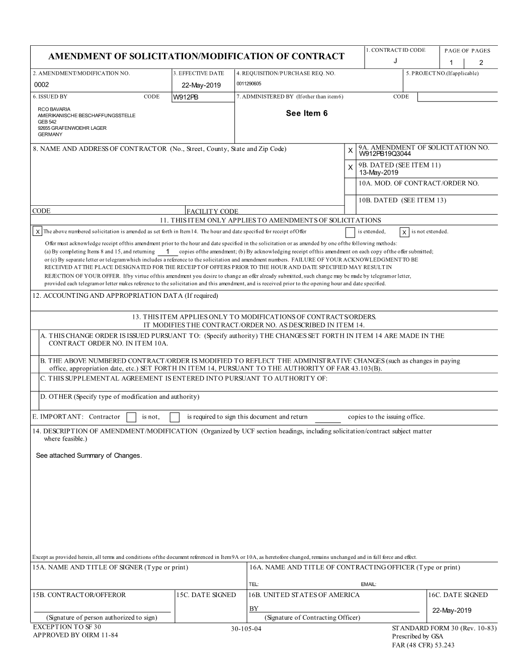 Amendment of Solicitation/Modification of Contract J 12 2