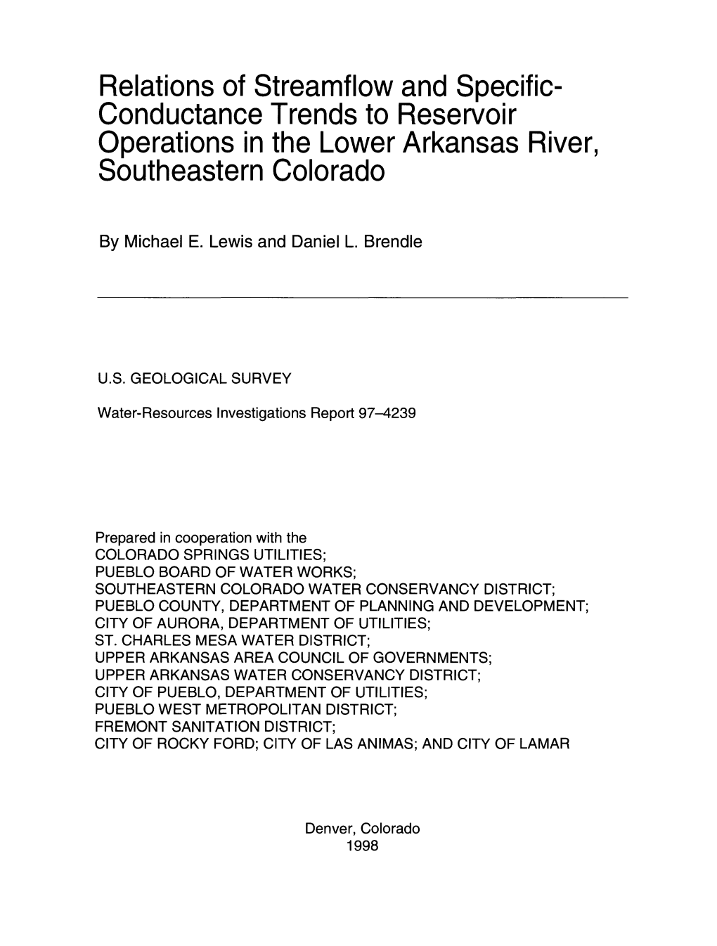 Relations of Streamflow and Specific- Condu9tance Trends to Reservoir Operations in the Lower Arkansas River, Southeastern Colorado