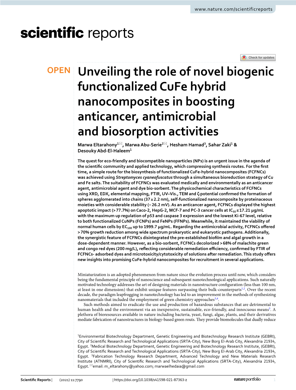 Unveiling the Role of Novel Biogenic Functionalized Cufe Hybrid