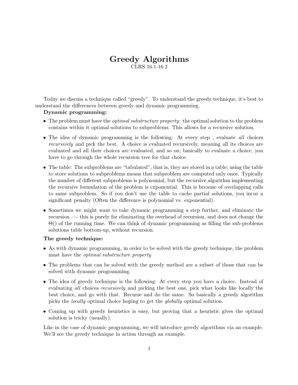 Greedy Algorithms CLRS 16.1-16.2