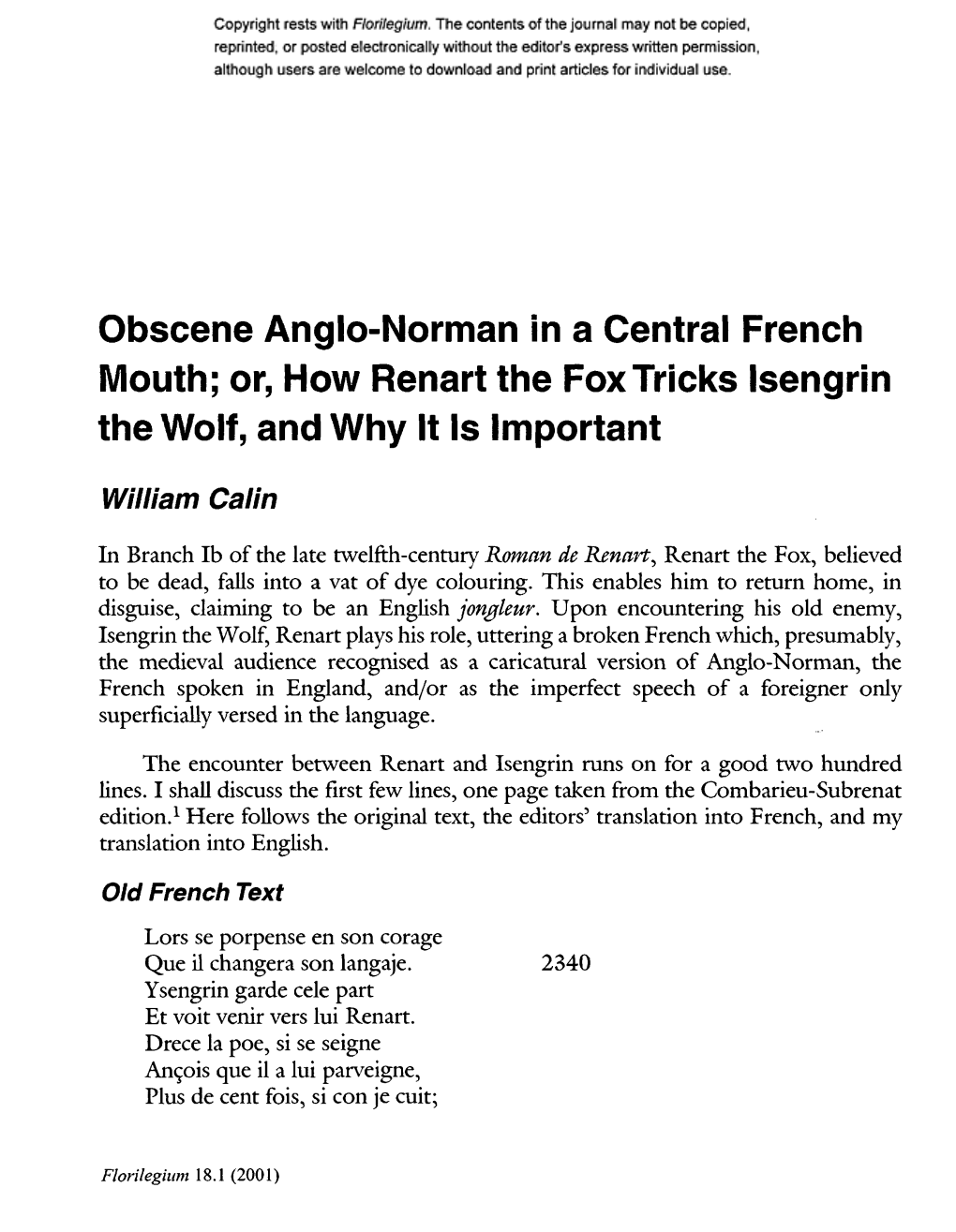 Obscene Anglo-Norman in a Central French Mouth; Or, How Renart the Fox Tricks Isengrin the Wolf, and Why It Is Important