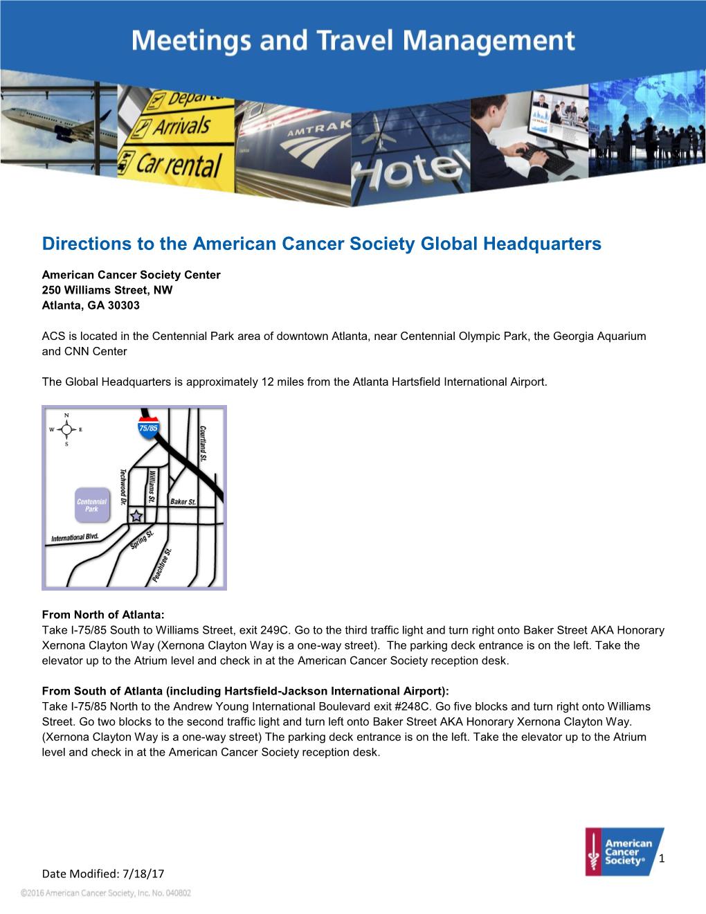 Directions to the American Cancer Society Global Headquarters