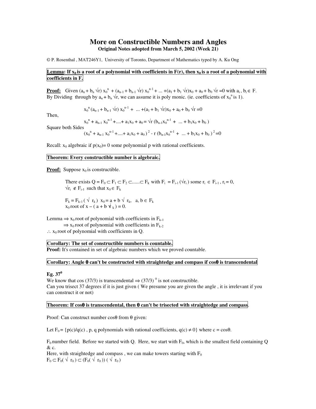 On Constructible Numbers and Angles Original Notes Adopted from March 5, 2002 (Week 21)