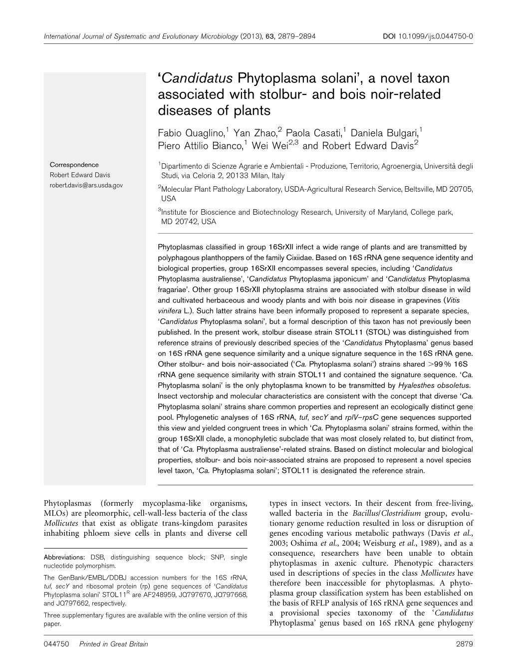 'Candidatus Phytoplasma Solani', a Novel Taxon Associated with Stolbur