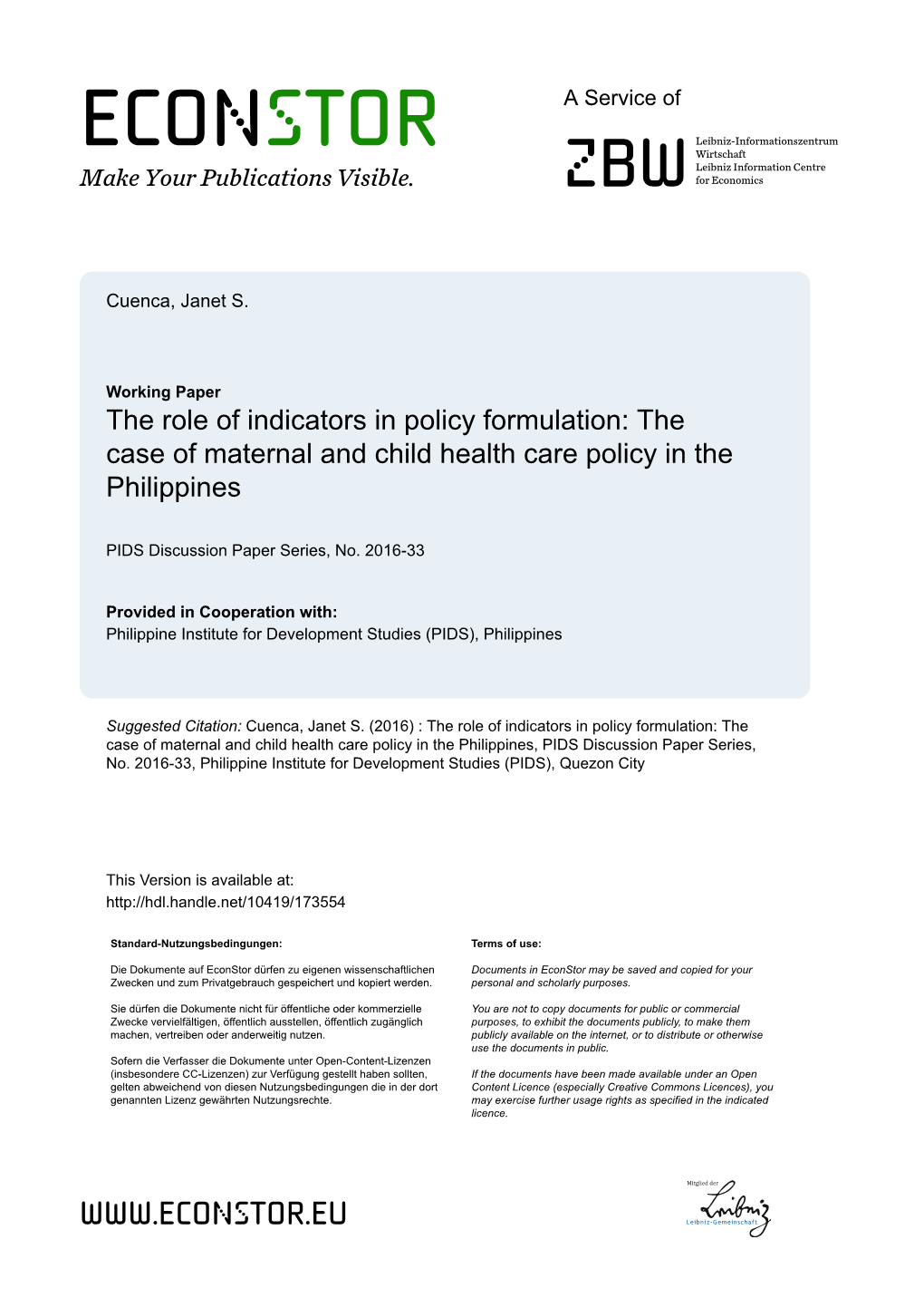 The Role of Indicators in Policy Formulation: the Case of Maternal and Child Health Care Policy in the Philippines