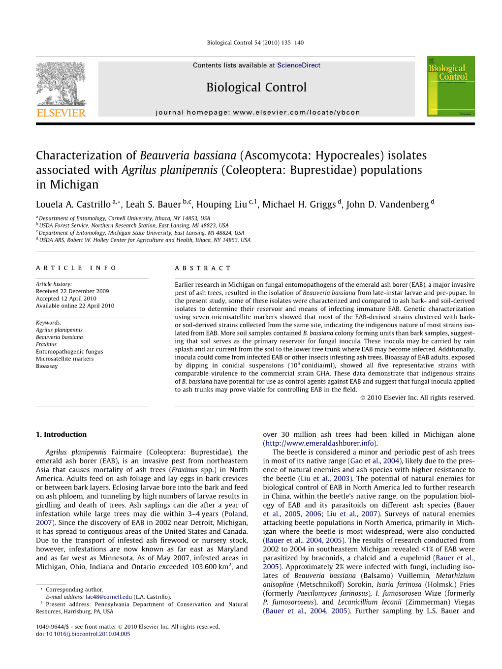 Characterization of Beauveria Bassiana (Ascomycota: Hypocreales) Isolates Associated with Agrilus Planipennis (Coleoptera: Buprestidae) Populations in Michigan