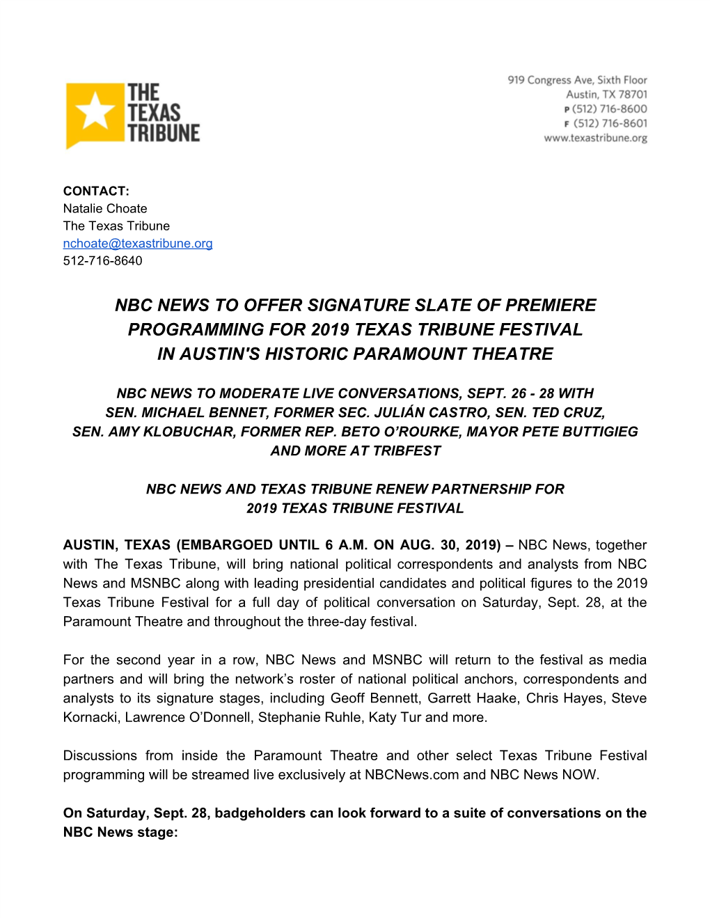 Nbc News to Offer Signature Slate of Premiere Programming for 2019 Texas Tribune Festival in Austin's Historic Paramount Theatre