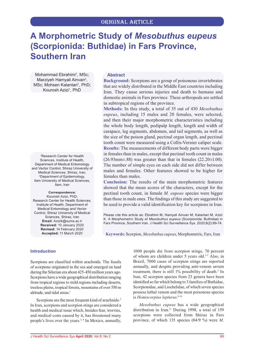 A Morphometric Study of Mesobuthus Eupeus (Scorpionida: Buthidae) in Fars Province, Southern Iran