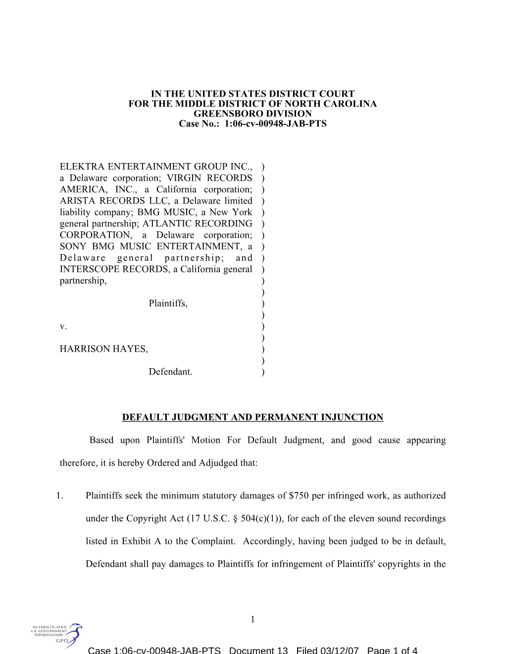 IN the UNITED STATES DISTRICT COURT for the MIDDLE DISTRICT of NORTH CAROLINA GREENSBORO DIVISION Case No.: 1:06-Cv-00948-JAB-PTS