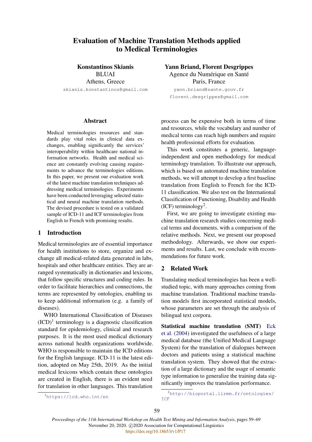 Evaluation of Machine Translation Methods Applied to Medical Terminologies