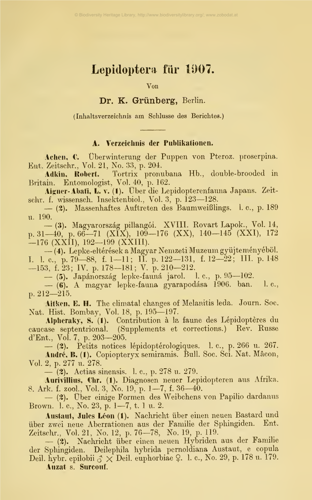 Lepidoptera Für 1907. Karl Grünberg