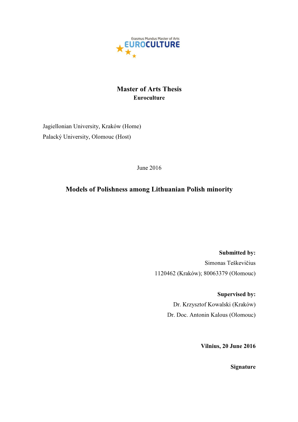 Master of Arts Thesis Models of Polishness Among Lithuanian