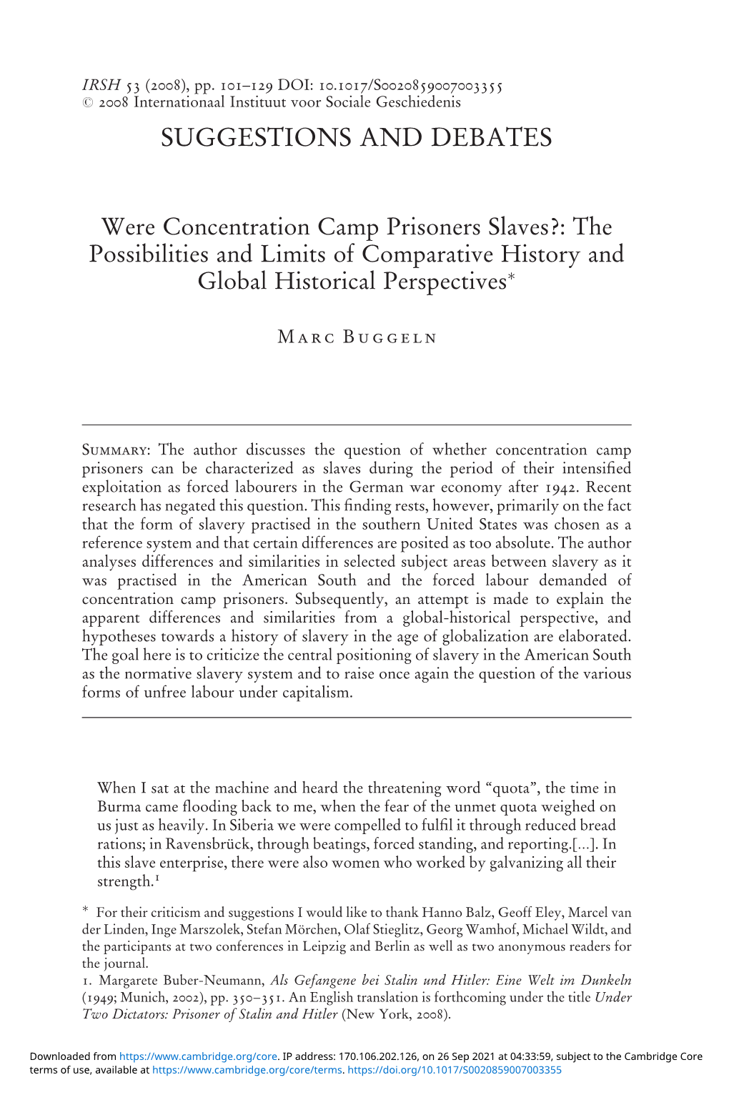 Were Concentration Camp Prisoners Slaves?: the Possibilities and Limits of Comparative History and Global Historical Perspectivesã