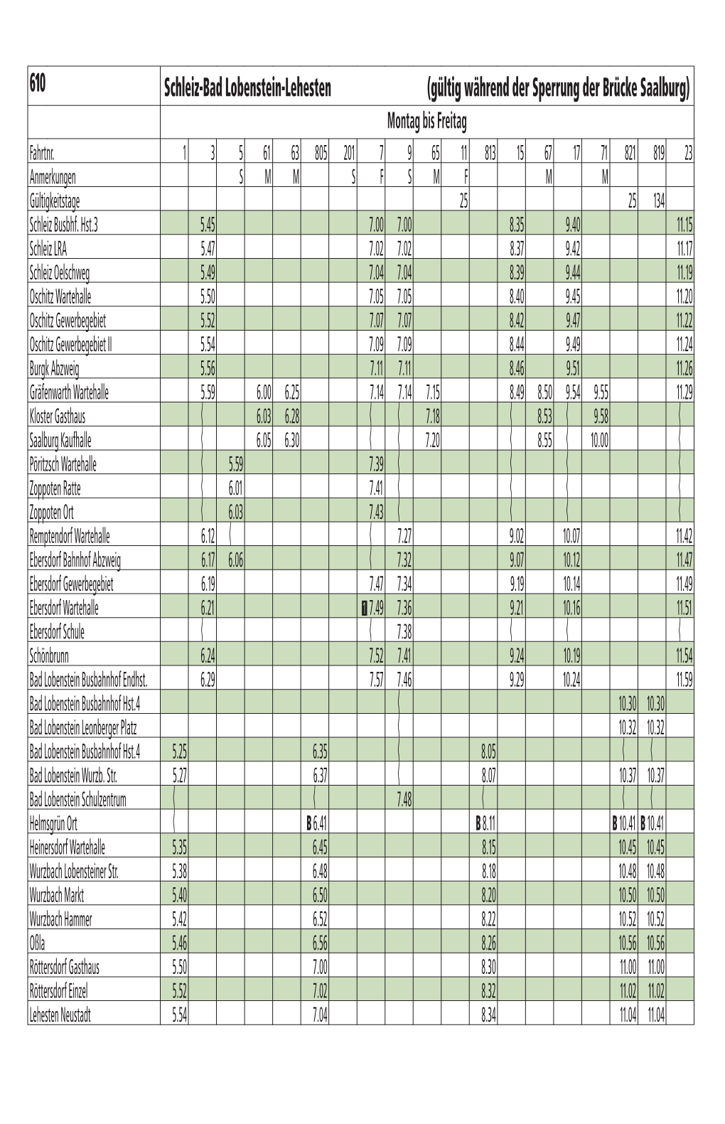 610 Schleiz-Bad Lobenstein-Lehesten (Gültig Während Der Sperrung Der Brücke Saalburg) Montag Bis Freitag Fahrtnr