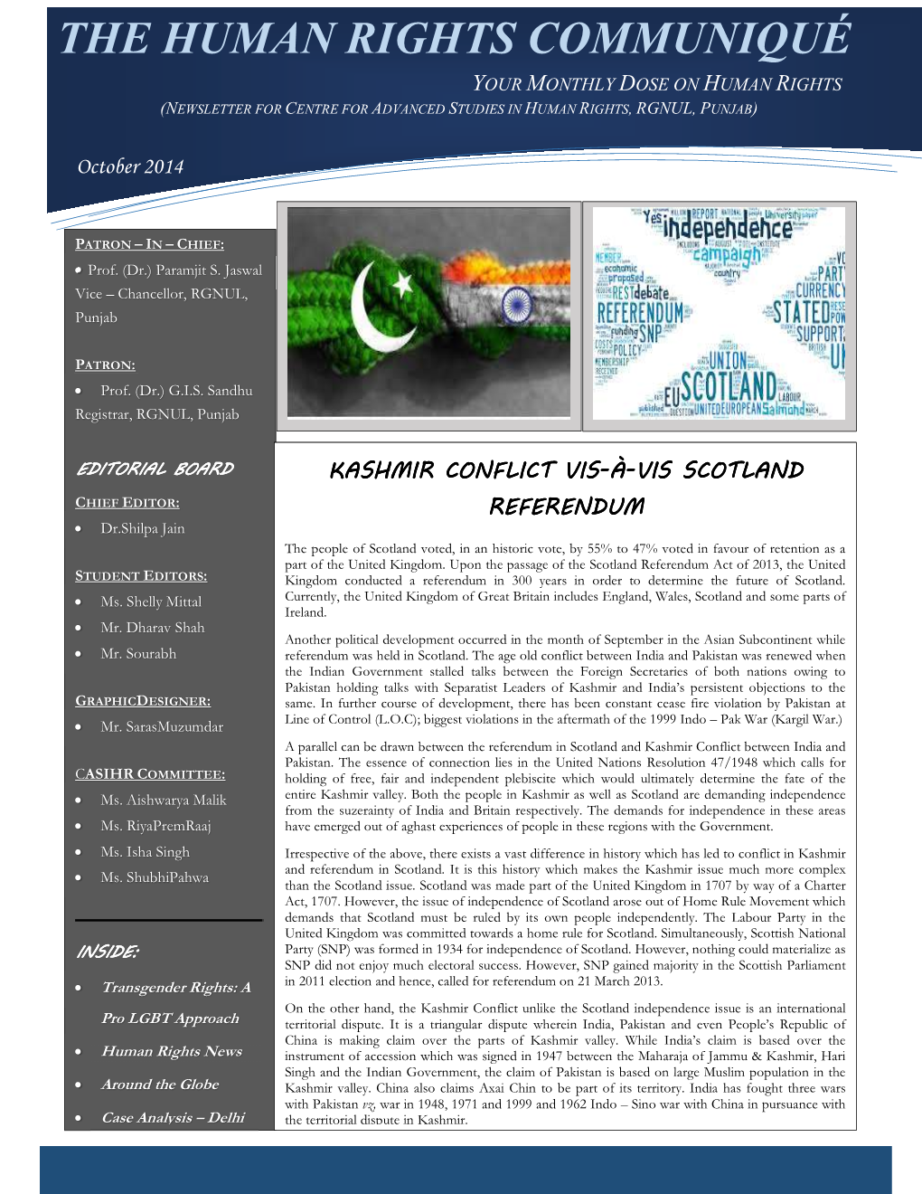 The Human Rights Communiqué Your Monthly Dose on Human Rights 2222(N Ewsletter for Centre for Advanced Studies in Human Rights, Rgnul, Punjab)
