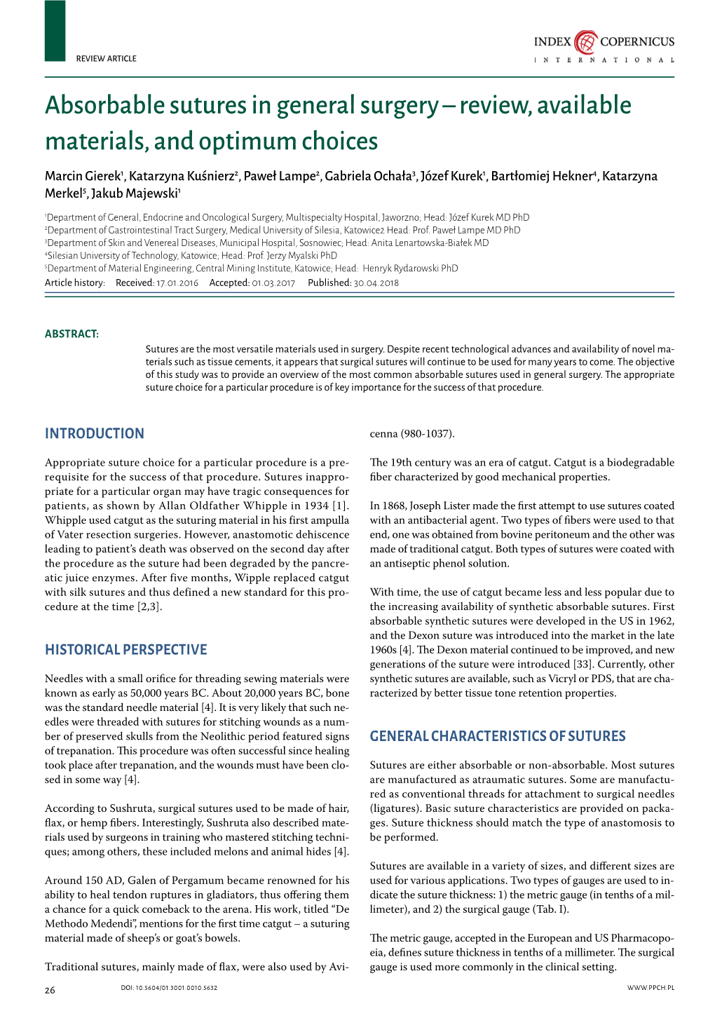 Absorbable Sutures in General Surgery – Review, Available Materials, And