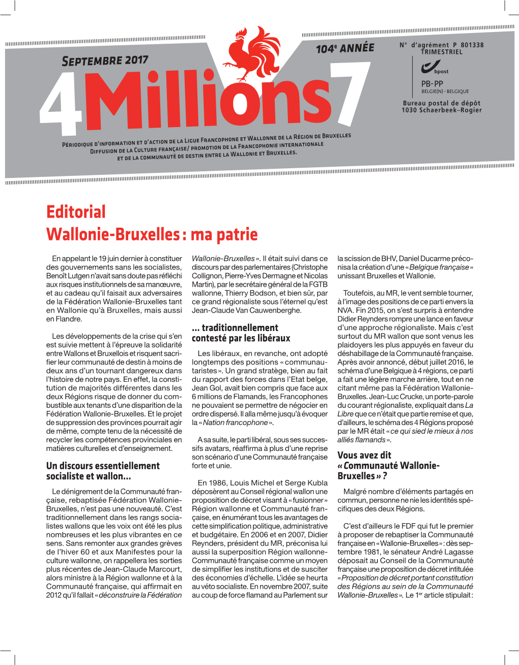 Editorial Wallonie-Bruxelles : Ma Patrie