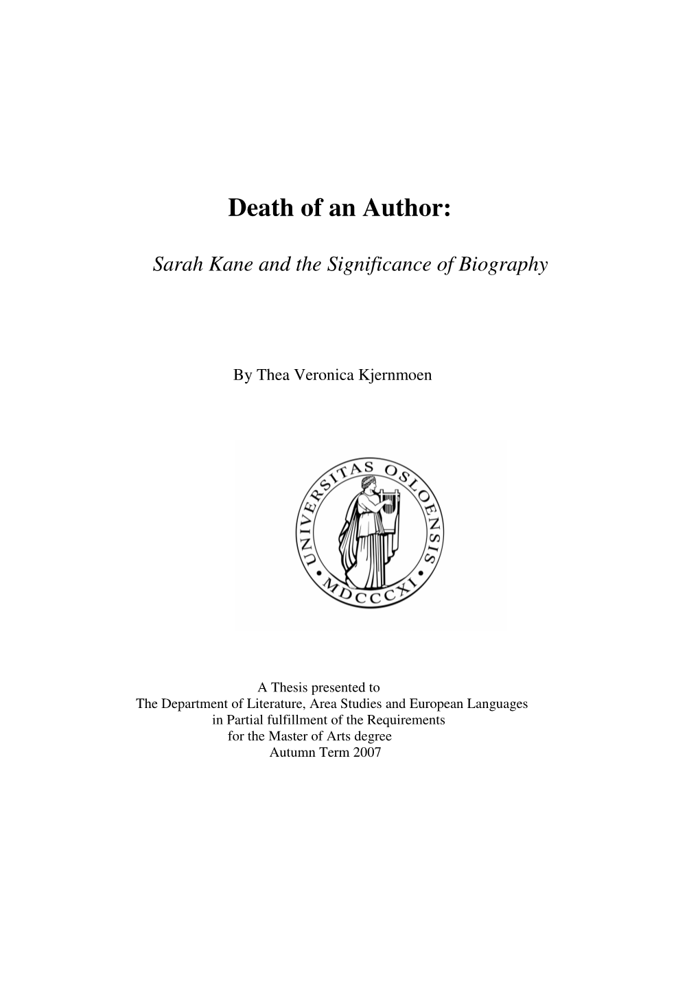 Death of an Author: Sarah Kane and the Significance of Biography