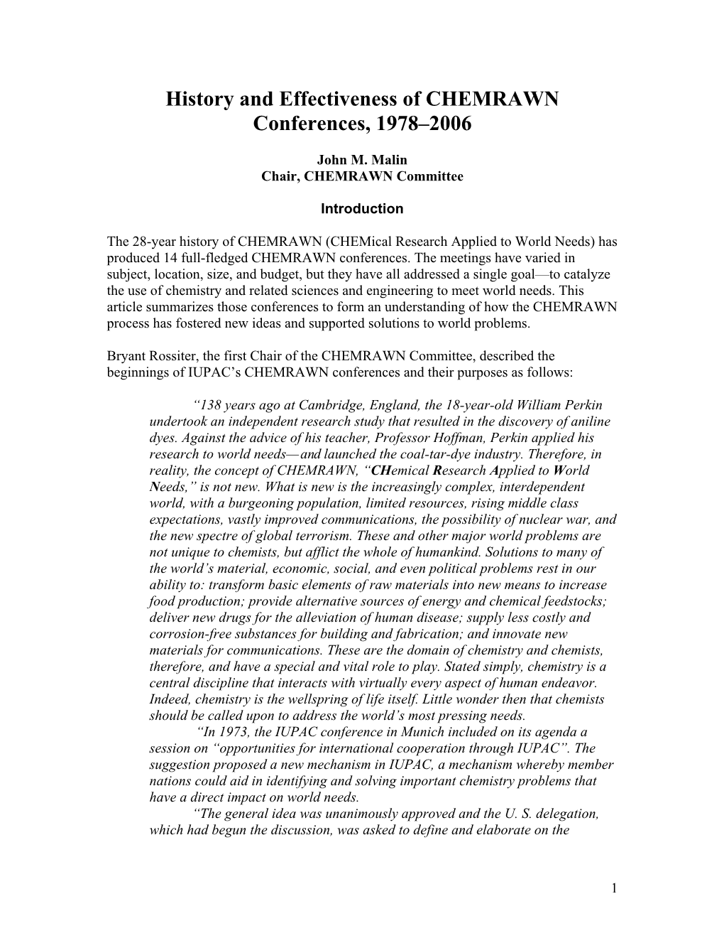 History and Effectiveness of CHEMRAWN Conferences, 1978–2006
