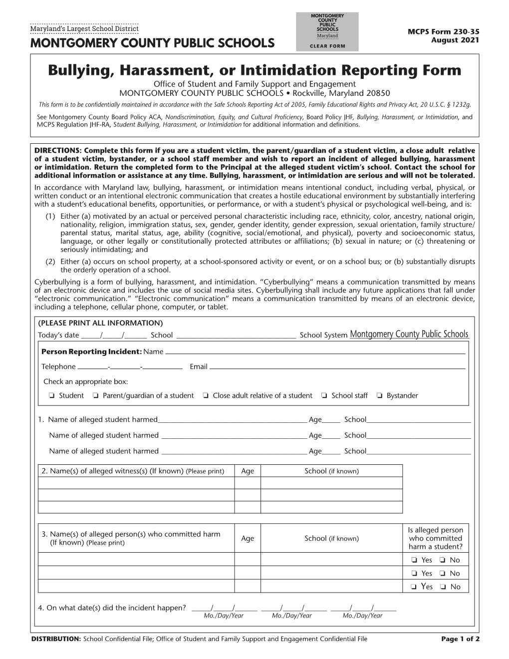 MCPS Bullying, Harassment, Or Intimidation Report Form