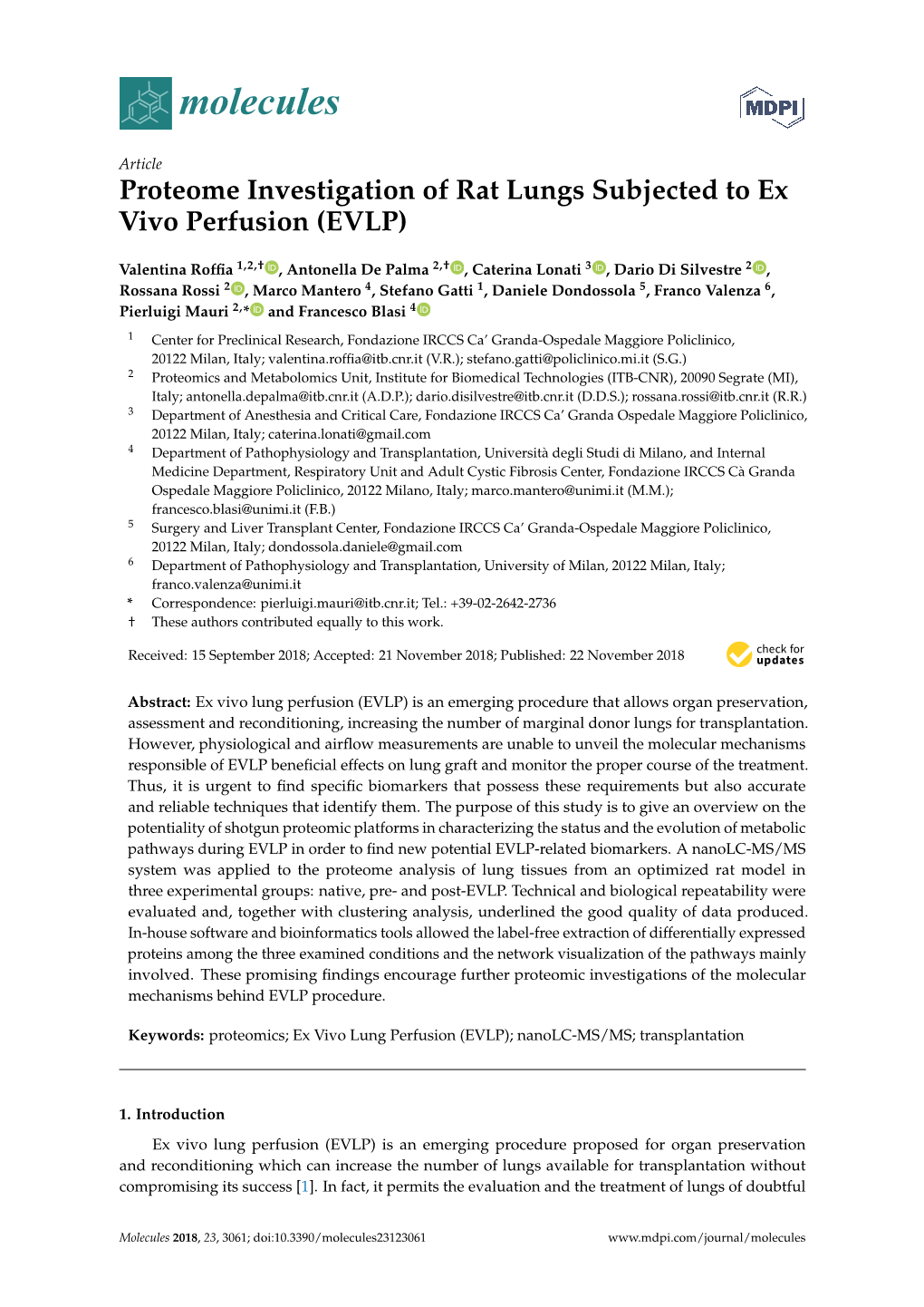 Proteome Investigation of Rat Lungs Subjected to Ex Vivo Perfusion (EVLP)
